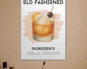Old Fashioned Cocktail Print, Bourbon Bar Decor