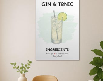 Gin and Tonic Canvas Art, Colored Pencil Cocktail Recipe, Bar Decor