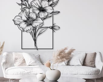 May include: Black and white line art drawing of a bouquet of flowers in a rectangular frame. The flowers are stylized and have a delicate, feminine look.