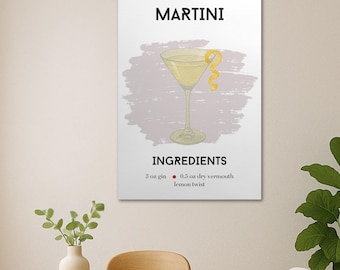 Martini Recipe Canvas Art Print, Bar Cart Decor
