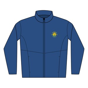 May include: A navy blue zip-up jacket with a stand-up collar. The jacket features a small logo on the upper left chest with the text "Viroqua" and "Kronia" in green and yellow. The jacket has a full-length zipper and two vertical seams.