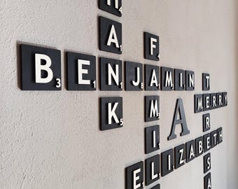 Custom Wooden Scrabble Tiles 5x5 – Personalized Name Wall Art, Rustic Letter Tiles, Family Crossword Decor, Wedding & Housewarming Gift