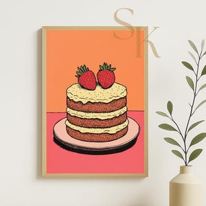 Strawberry Shortcake Art Print – Cute Dessert Kitchen Wall Decor, Foodie Illustration, Whimsical Pastry Poster for Bakers & Sweet Tooths