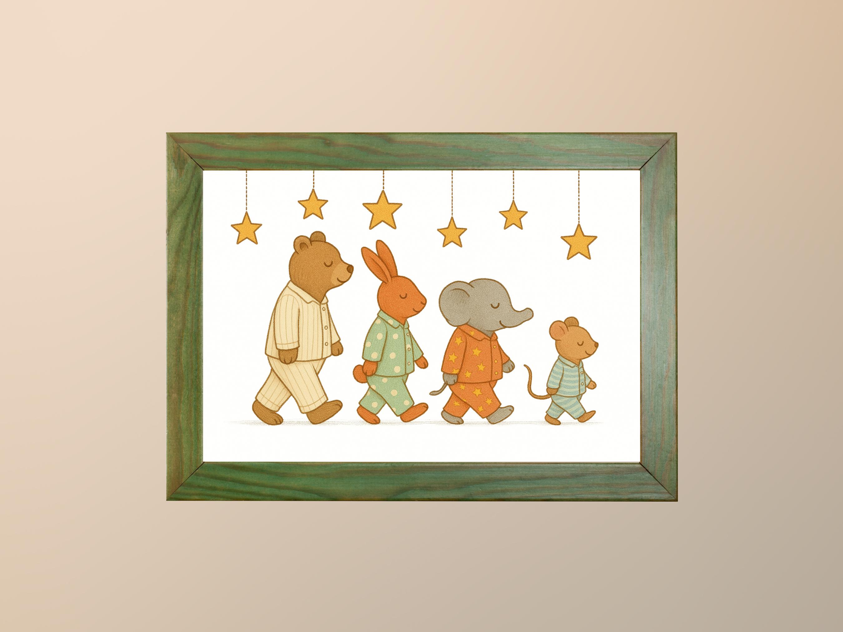 Bedtime Animal Parade Nursery Print – Cute Woodland Pajama Animals Wall Art – Sleepy time Animal Friends Decor - Kids Room -Toddlers Room