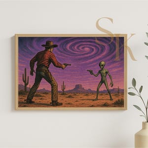 Cowboy vs Alien Retro Print – Funny Sci-Fi Western Art, Surreal Duel Poster, Pulp Style Wall Decor, Vintage Comic Pop Art