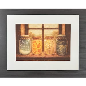Jahreszeiten im Glas Art Print – Wunderliche Wetterglas-Illustration, vier Jahreszeiten, gemütliche Cottagecore-Dekoration, abgefülltes Poster mit magischem Wetter