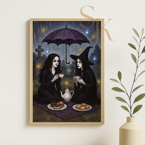 Witchy Graveyard Tea Party Art Print – Gothic Witches Picnic Illustration, Spooky Cottagecore Wall Art, Occult Aesthetic Decor