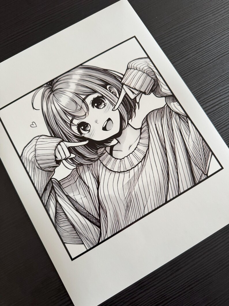 Cute Anime Girl Art Print - Black & White Manga Illustration | Kawaii ...