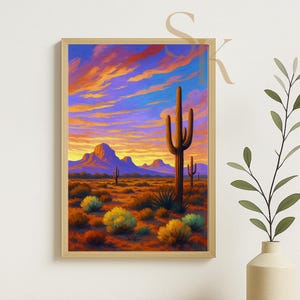Southwest Desert Sunset Wall Art – Vibrant Cactus Landscape Print, Colorful Western Decor, Desert Mountains Digital Art