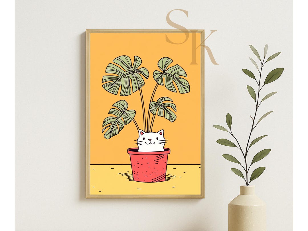 Cute Cat in Monstera Plant Art Print – Whimsical Cat Lover Wall Decor ...