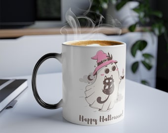 Color Morphing Halloween Mug, Kawaii Ghost and Cat Ceramic Cup, 11oz