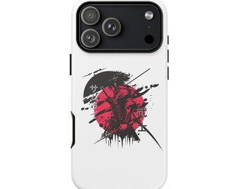 Trash Polka Samurai Phone Case for iPhone 17 | Black Red Katana Warrior Tough Cover, Rising Sun Ink Splatter Art, Samurai Silhouette Design