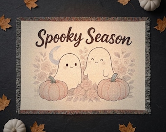 Manta tejida con diseño de fantasmas acogedores – Decoración para la temporada de Halloween, acento otoñal para el hogar (100% algodón)