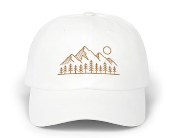 Embroidered Dad Hat Mountain Peak Tree Line for Hikers | Camping Accessory, White Cotton Minimalist Sunset, Adventure Lover Gift