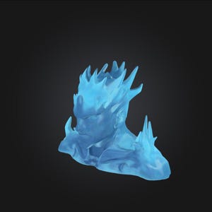 May include: A blue, translucent sculpture of a person's head and shoulders with a spiky, crown-like headpiece.