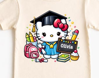 Hello Cat Graduation Shirt, Graduation Gift For Girls, Cute Cat T-Shirt for Kids, Custom Name Shirt For Girls, Funny Birthday Gift