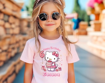 Personalized Hello Kit Birthday Shirt Kawaii Birthday Girl T-Shirt Custom Hello Kit Shirt Birthday Girl Family Shirts Birthday T-Shirt