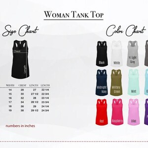 May include: A graphic showing a woman's tank top with a size chart and color options. The size chart lists measurements in inches. Color options include black, white, grey, navy, green, red, and purple.