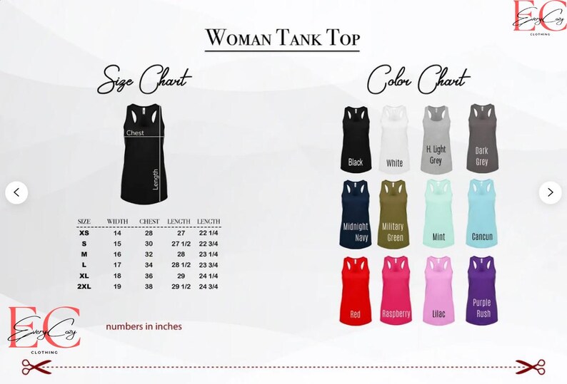 May include: A graphic showing a woman's tank top with a size chart and color options. The size chart lists measurements in inches. Color options include black, white, grey, navy, green, red, and purple.