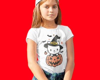 Halloween Hello Cat Pumpkin Tee Pumpkin Kitty Gift for Girls Halloween Costume Shirt Kids Girl Gift Witch Cat