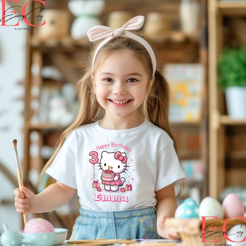 Personalized Hello Kit Birthday Shirt Kawaii Birthday Girl T-Shirt Custom Hello Kit Shirt Birthday Girl Family Shirts Birthday T-Shirt