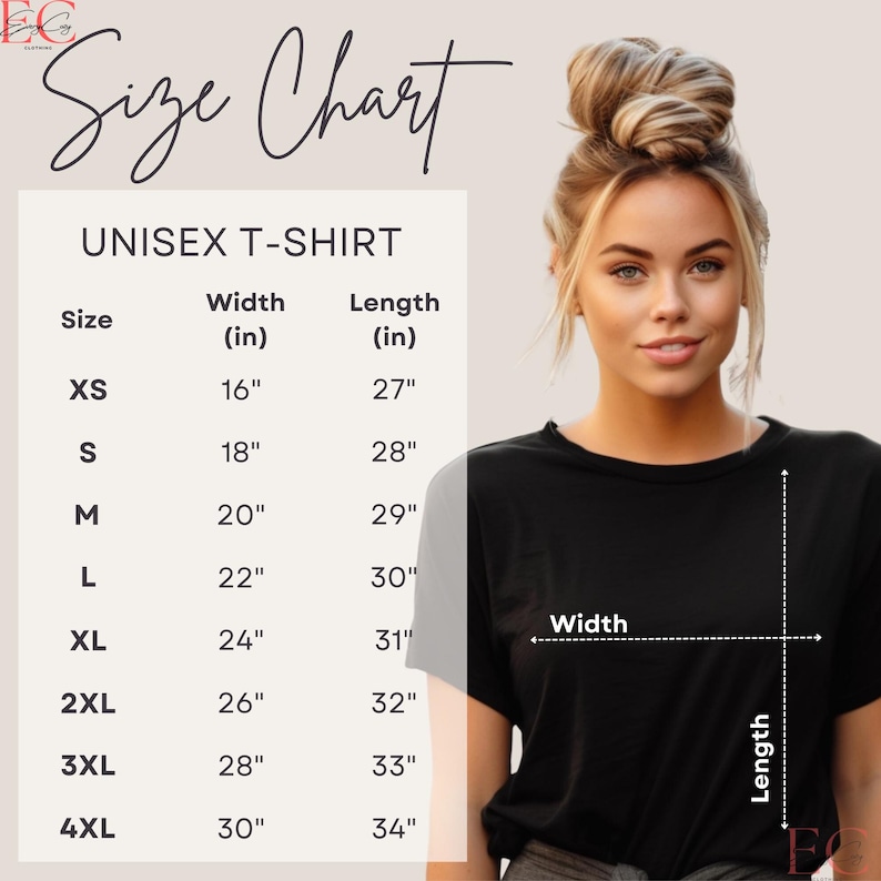 May include: A black unisex t-shirt with a size chart. The chart displays measurements for XS to 4XL sizes, with widths ranging from 16 inches to 30 inches and lengths from 27 inches to 34 inches. The text "Size Chart" is at the top.