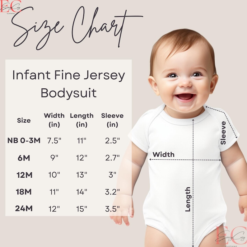 May include: A white infant bodysuit with a size chart. The chart lists sizes from newborn to 24 months, with measurements in inches for width, length, and sleeve length. The baby is smiling.