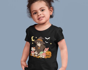 Hello Cat Witch Halloween Shirt Kawaii Witch Gift for Girls Tshirt Pumpkin Sanrio Friends Shirt Girls Halloween Party Shirt