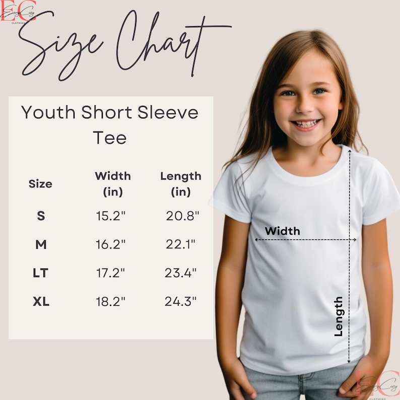 May include: A size chart for youth short sleeve tees, with measurements in inches. The chart includes sizes S, M, LT, and XL, with corresponding width and length measurements. A young girl is wearing a white tee, with width and length indicators.