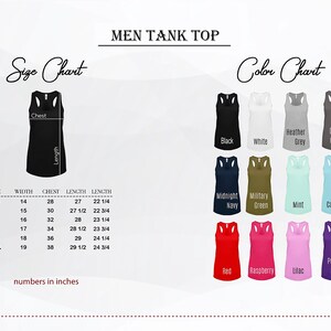 May include: A men's tank top size and colour chart. The size chart shows measurements in inches for sizes XS to 2XL. The colour chart displays tank tops in various colours, including black, white, and red.