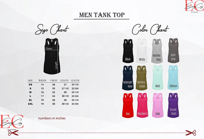 May include: A men's tank top size and colour chart. The size chart shows measurements in inches for sizes XS to 2XL. The colour chart displays tank tops in various colours, including black, white, and red.
