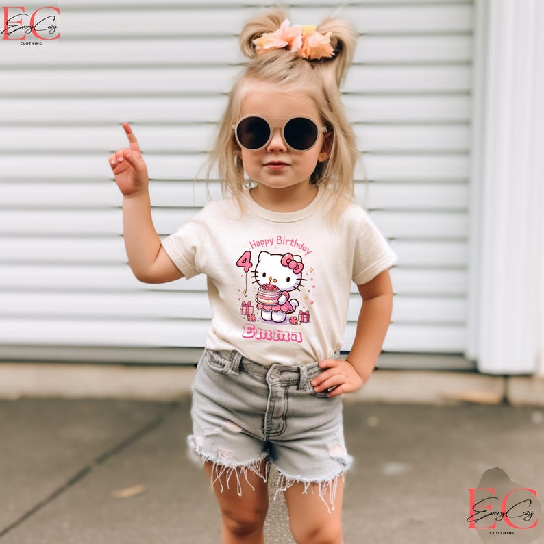 Personalized Hello Kit Birthday Shirt Kawaii Birthday Girl T-Shirt Custom Hello Kit Shirt Birthday Girl Family Shirts Birthday T-Shirt