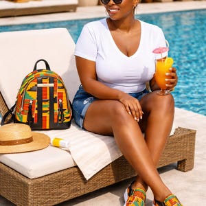 Conjunto de mochila y zapatillas con estampado africano, mochila Kente Ankara para mujer con zapatillas sin cordones, conjunto de zapatos casuales ligeros para vacaciones, bolso midi