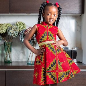 Little Girl&#39;s African Print Dress | Red Ankara Special Occasion Dress | Wax Print Flower Girl Gown | Birthday Dress | African Dress CORDELIA