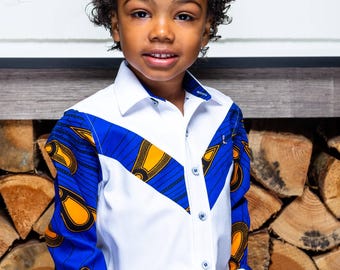 Chemise à imprimé africain pour garçon, chemise blanche Ankara pour enfant, chemise de style kente bleu orange, chemise à manches longues pour tout-petit, tenue culturelle pour garçon