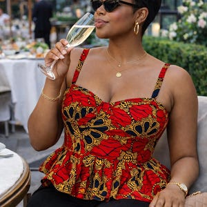 Ankara African Print Sleeveless Corset Peplum Top Red – Boned Wax Cotton Blouse, Structured Bustier, Party Top, Wedding Guest Outfit