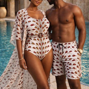 Afrikanskt tryckt 3-delat baddräktsset för kvinnor - snörning baktill, chiffongkimono, huvudbonad, vit Ankara strandkläder resort semesteroutfit