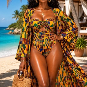 Badmodeset met Afrikaanse print 3-in-1 Ankara-badpakbody met kimono en hoofddoek Multiway Beachwear-bedekken Ankara-kimono MAHALIA-stijl VK
