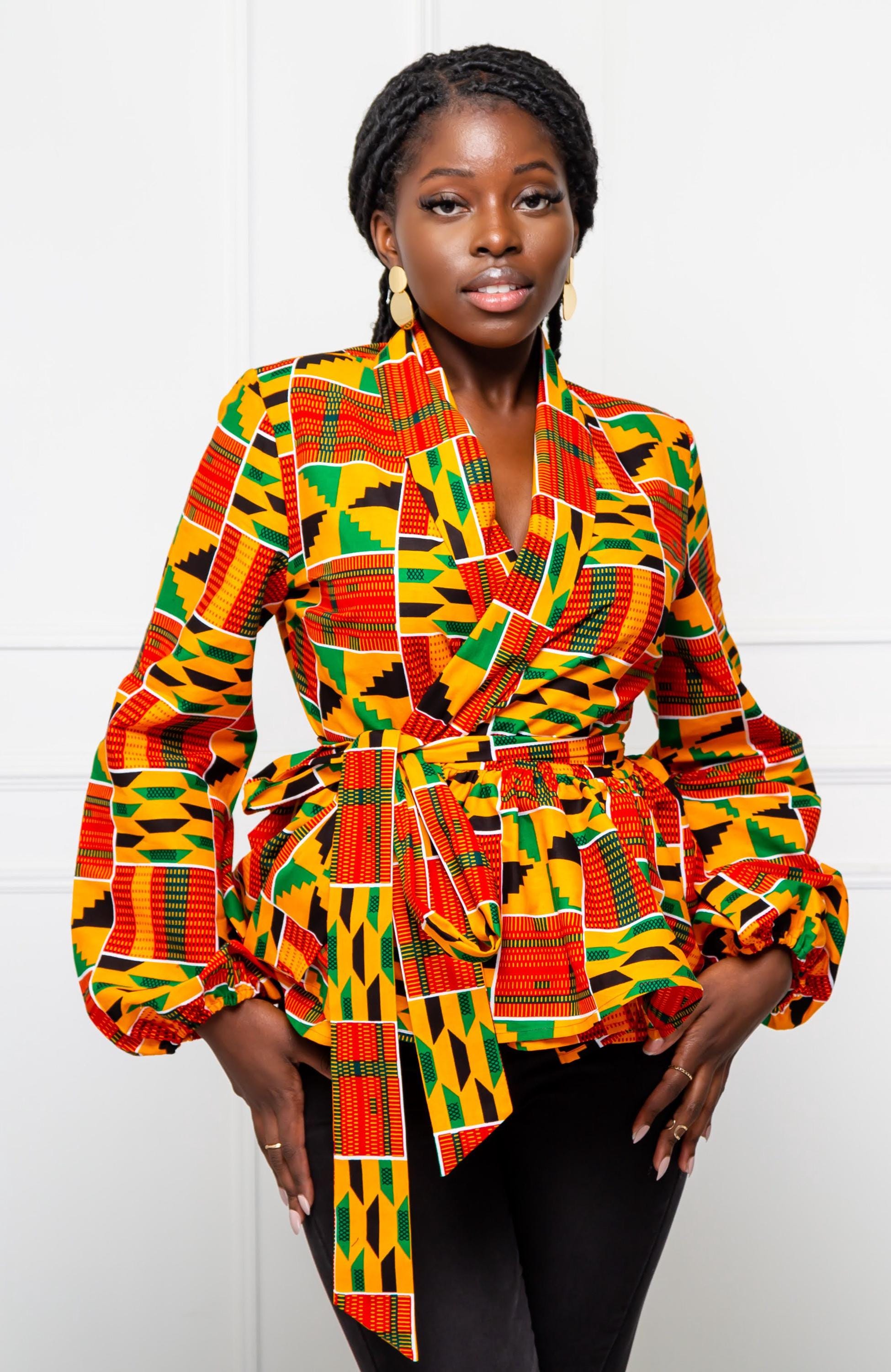 Chemise Africaine Femme Wax Taille L - Motifs Rouge & Bleu - Neuve Sans Étiquettes