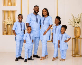 Conjunto familiar de dos piezas azul cielo con caftán, túnica y pantalón bordados / Atuendo tradicional africano a juego para toda la familia / Ropa elegante para ocasiones especiales