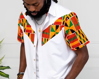 Men’s African Shirt with Kente Ankara Print – White Short Sleeve Button Down – Traditional African Clothing for Summer, Wedding, Party Wear