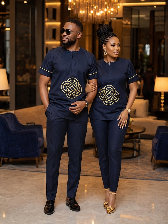 Couple Navy Blue Embroidered African Outfit | Unisex Short Sleeve Tunic & Slim Fit Trousers Set | Elegant Traditional Two Piece Wear