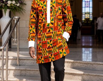 Kente Etibo Shirt for Men, African Print Long Sleeve Cotton Top, Wedding Guest Shirt, Ankara Tunic, Unisex Shirt, Church, Thanksgiving