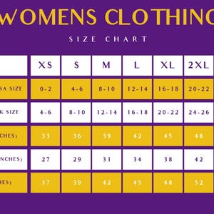 May include: A purple and gold size chart for clothing with the text WOMENS CLOTHING SIZE CHART. The table lists sizes from XS to 3XL, including USA and UK size ranges, and measurements in inches for bust, waist, and hip for each size category.