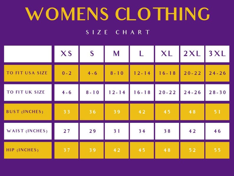 May include: A purple and gold size chart for clothing with the text WOMENS CLOTHING SIZE CHART. The table lists sizes from XS to 3XL, including USA and UK size ranges, and measurements in inches for bust, waist, and hip for each size category.