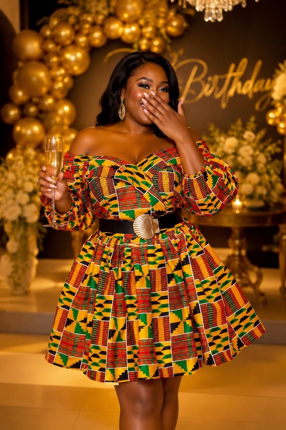 African Print off Shoulder Midi Dress, Ankara Knee Length Bridal Shower Dress, Kente Fit and Flare Dress, Puff Sleeve Occasion Dress