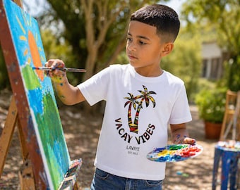 Boys African Print T Shirt Vacay Vibes Kids Afro Tee |Summer Holiday Outfit |Cultural Shirt Ankara Palm Tree Design| Sports |Vacation LAVIYE