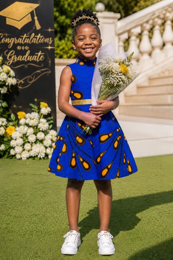 African Print Dress for Girls | Sleeveless Turtleneck Midi Blue Party Dress for Little Kids | African Birthday Dress for Toddlers - ELLA