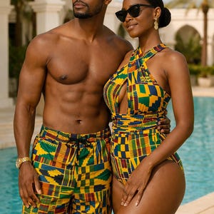 Matchande Kente afrikanskt tryckt baddräkt och herrbadshortsset – Infinity Multiway Bodysuit + Badbyxor – Couples Holiday Beachwear, BADKLÄDER