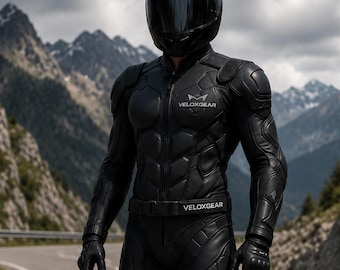 Black Armored Motorcycle Leather Suit for Men, Futuristic Biker Racing Gear, Sportbike Leather Outfit